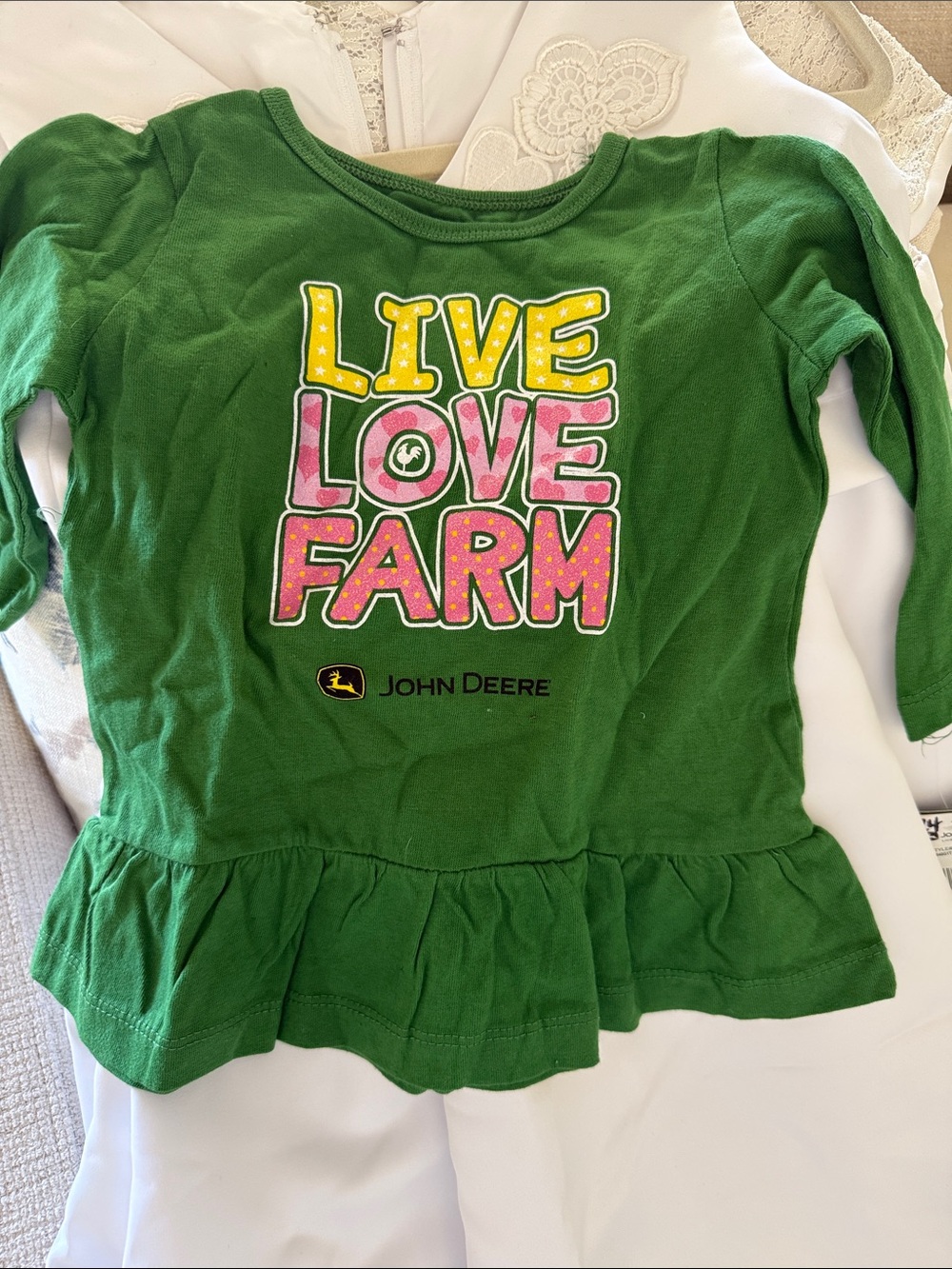 John Deere Green Long Sleeve Girls Peplum Top with Yellow and Pink Graphic